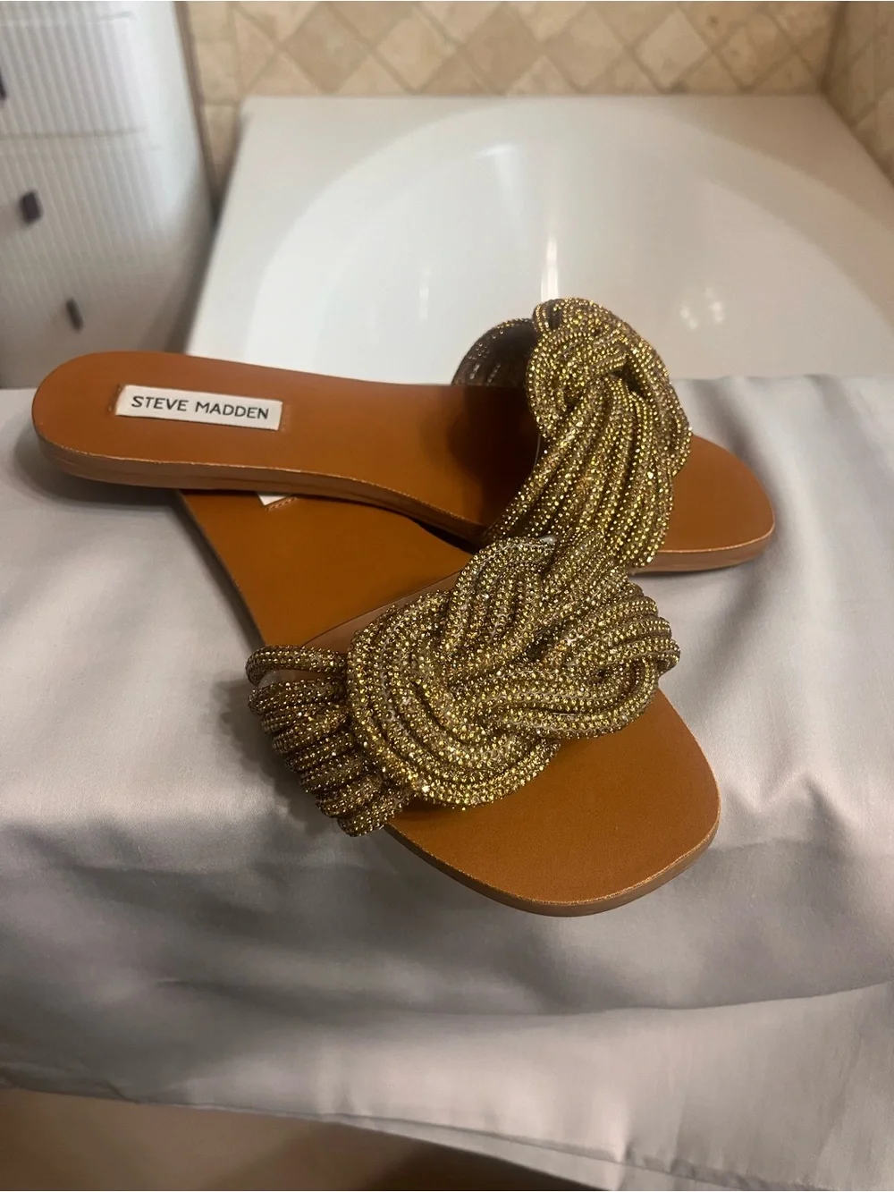 Steve Madden Gold Beaded Knot Slide Sandals - Tan Footbed